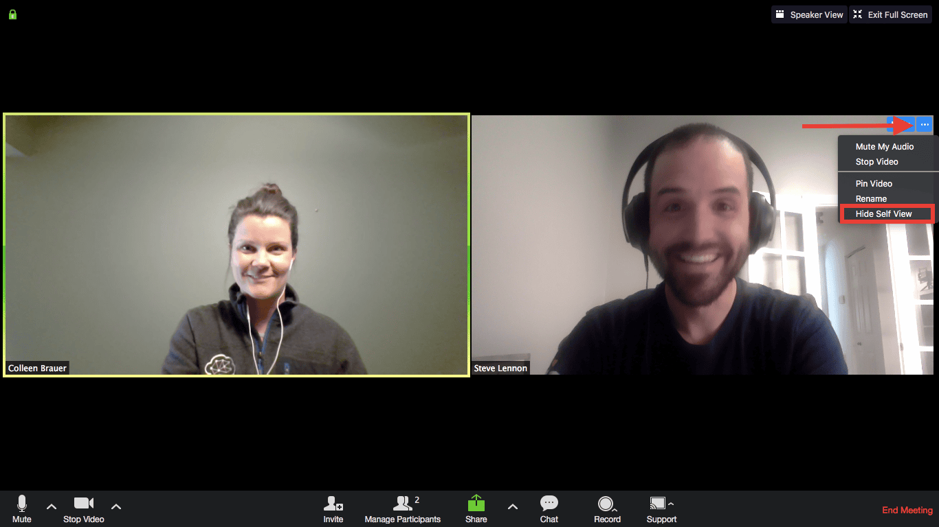 Screenshot of Zoom window showing how to access the Hide Self View setting during a call